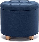 HNNHOME Navy Round Linen Padded Storage Ottoman 45cm