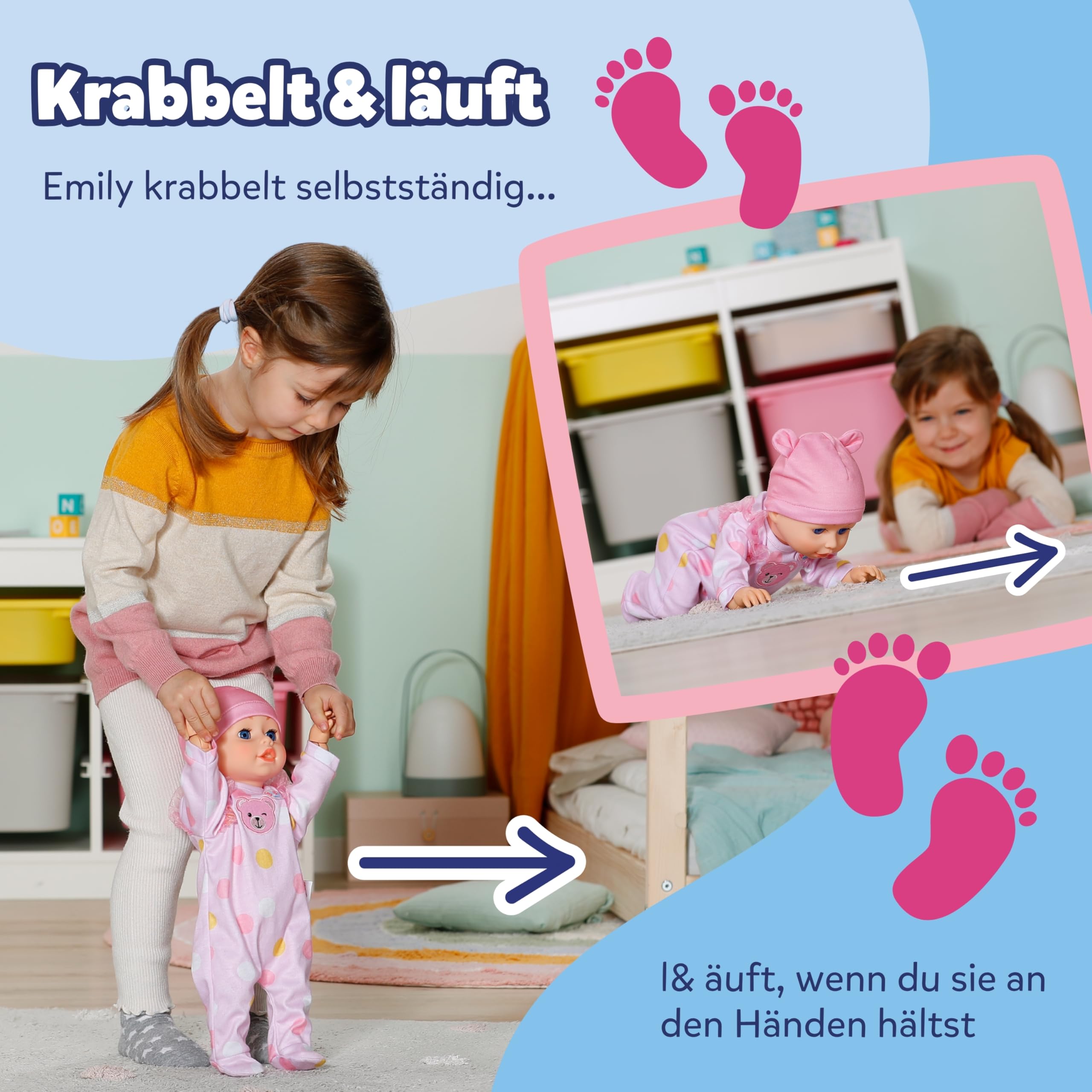 BABY Born Emily Lauf mit Mir - 43 cm Puppe mit elektronischen Funktionen - Krabbel- & Lauflernpuppe mit Soundfunktion - Inkl. rosa Strampler & Mütze - Geeignet für Kinder ab 3 Jahren 2