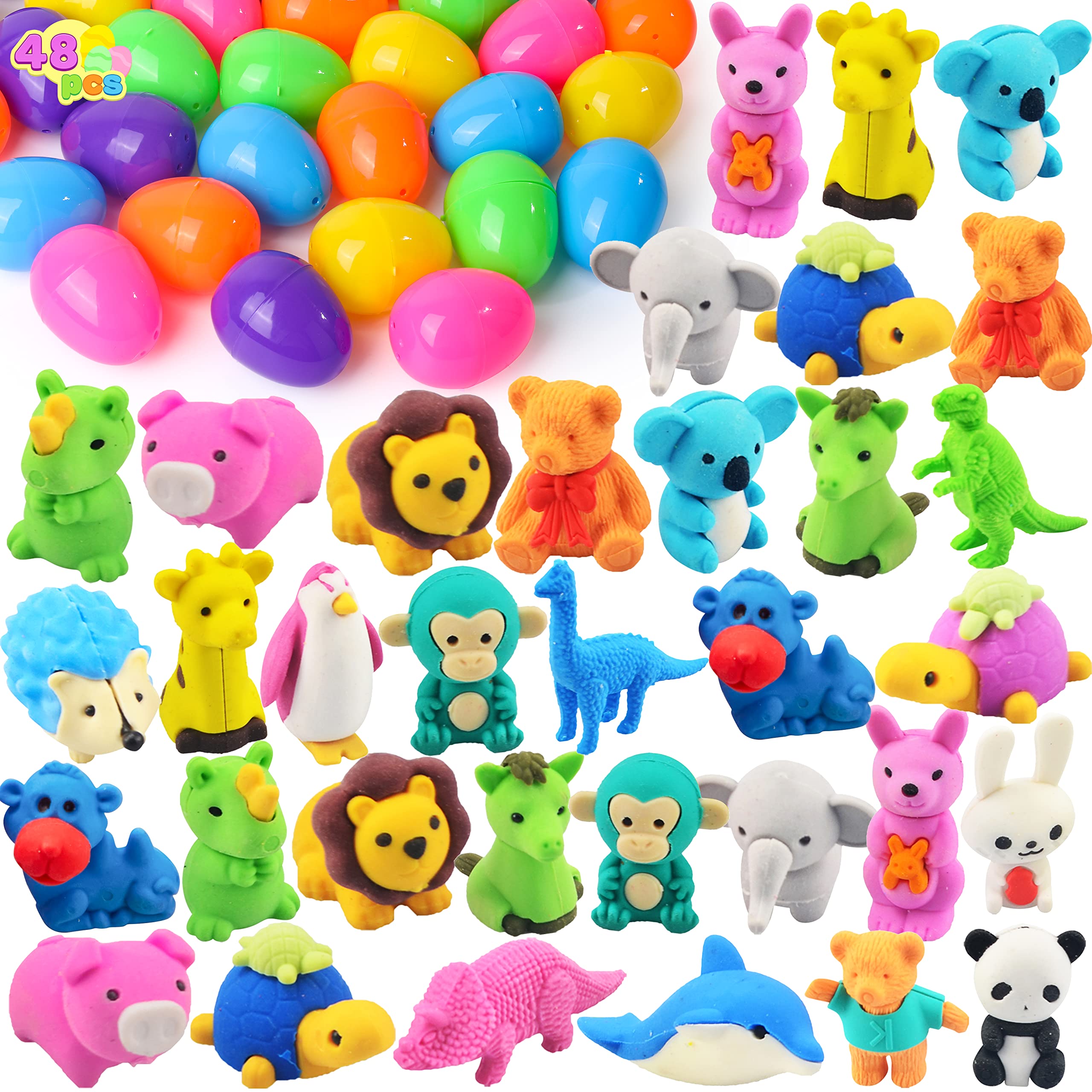 JOYIN 24 Pcs Prefilled Easter Eggs with 48 Animal Puzzle Erasers, Animal Eraser Bulk Toys for Kids Boys Girls Gifts Easter Basket Stuffer, Easter Eggs Hunt, Easter Party Favors