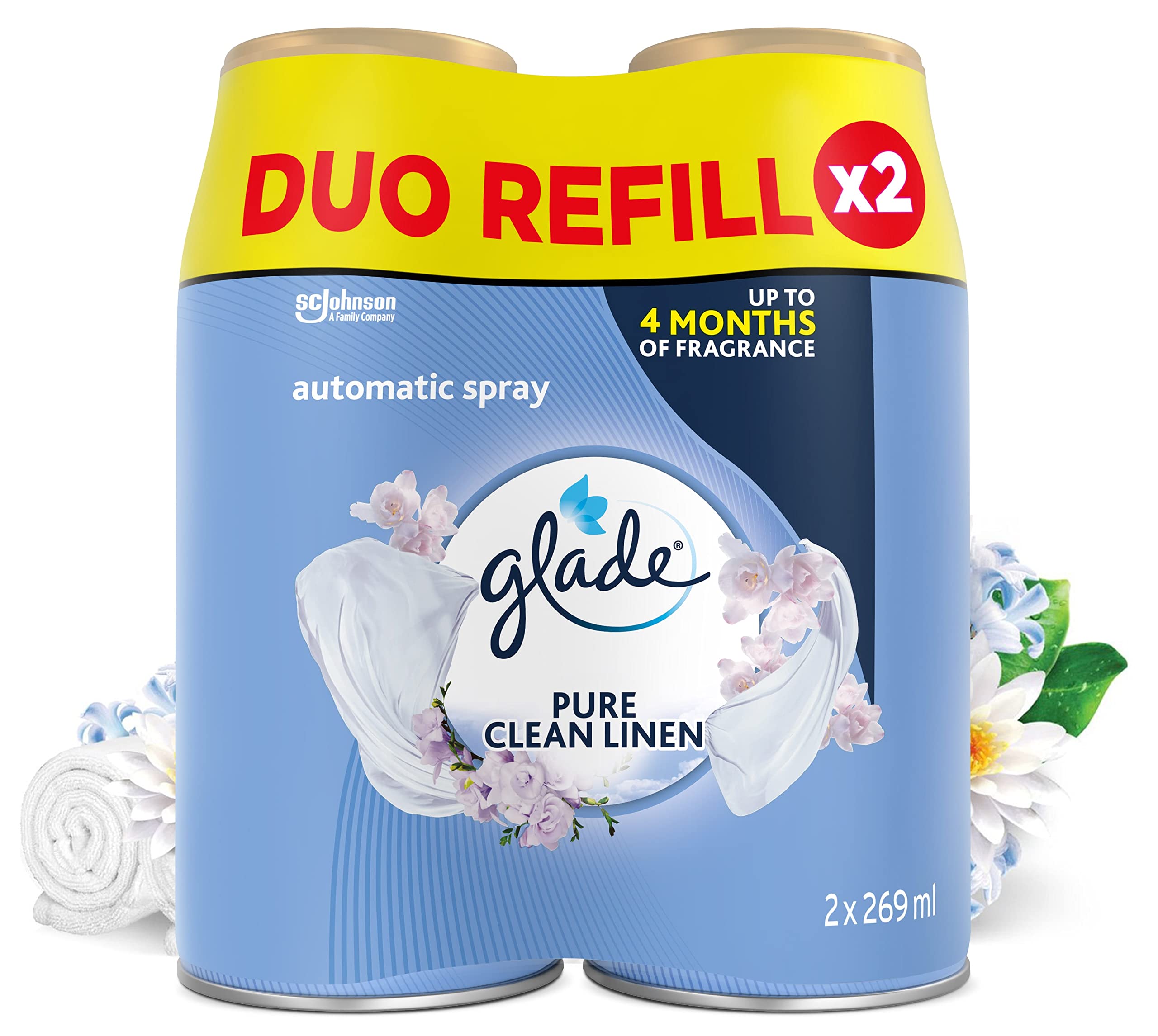Glade Automatic Air Freshener Refills, Room Spray & Odour Eliminator, Clean Linen, Pack of 4 Duos (8 Refills x 269ml)