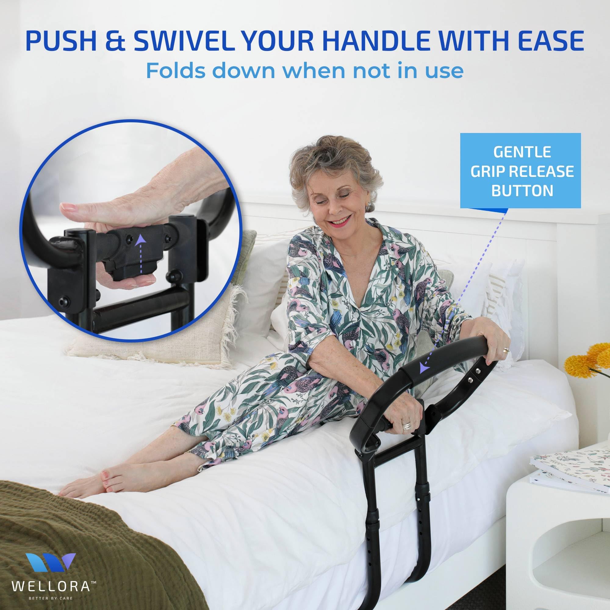 Sturdy Bed Rails for Elderly Adults Safety - Foldable & Adjustable Bed Rail - Supports up to 330lbs - Free Motion Light & Storage Bag - Fit King, Queen, Full, Twin - Bed Guard Rail for Seniors WELLORA