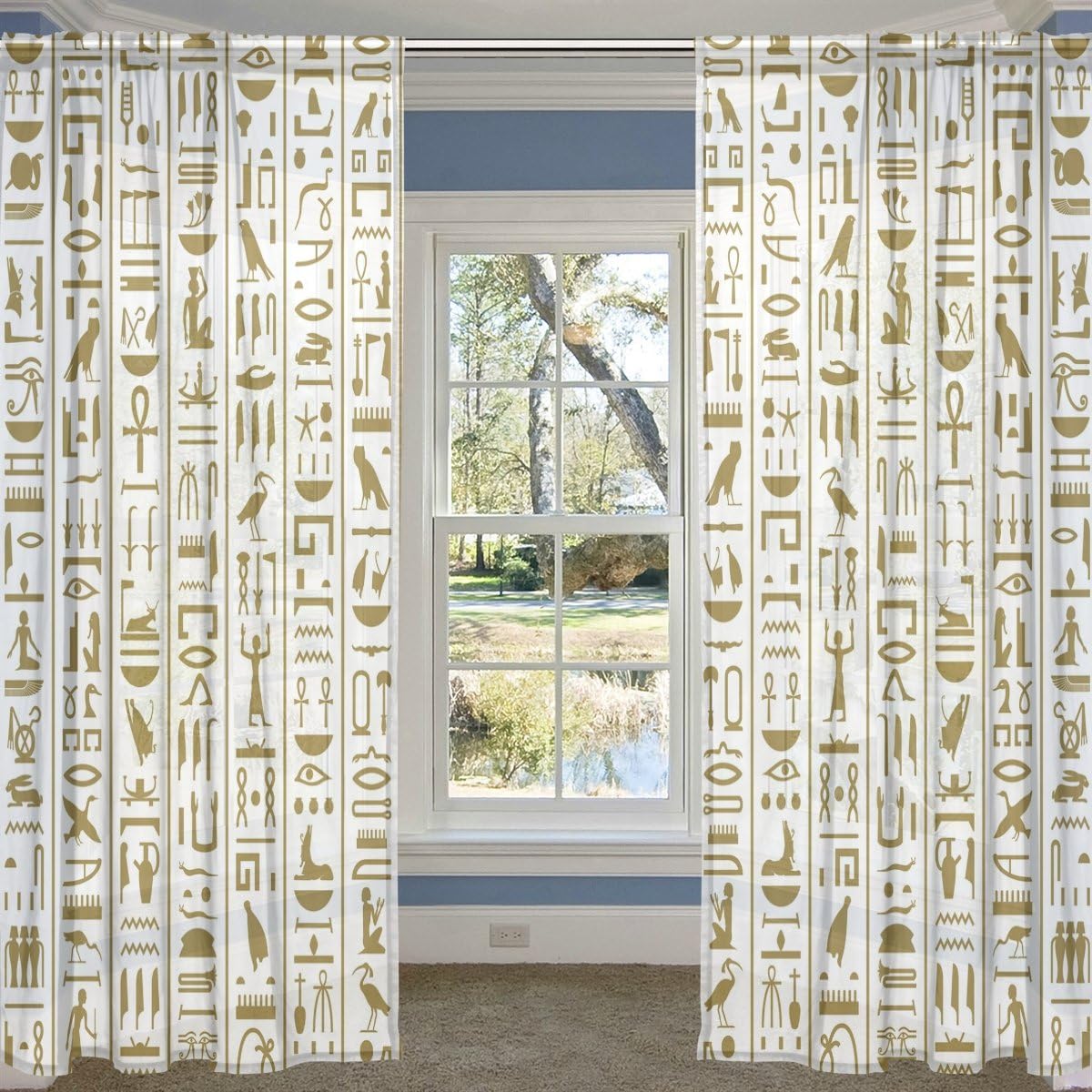 COOSUN Ancient Egyptian Hieroglyphs Sheer Curtain Panels Tulle Polyester Voile Window Treatment Panel Curtains For Bedroom Living Room Home Decor, 55x78 inches, 2 Panels Set