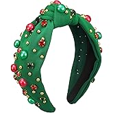Christmas Headband for Women Xmas Bow Knotted Headbands Green Jeweled Crystal Top Knot Hairband Rhinestone Pearl Wide Head Band for Christmas Holiday Hair Accessories Costume Party Outfits Gifts