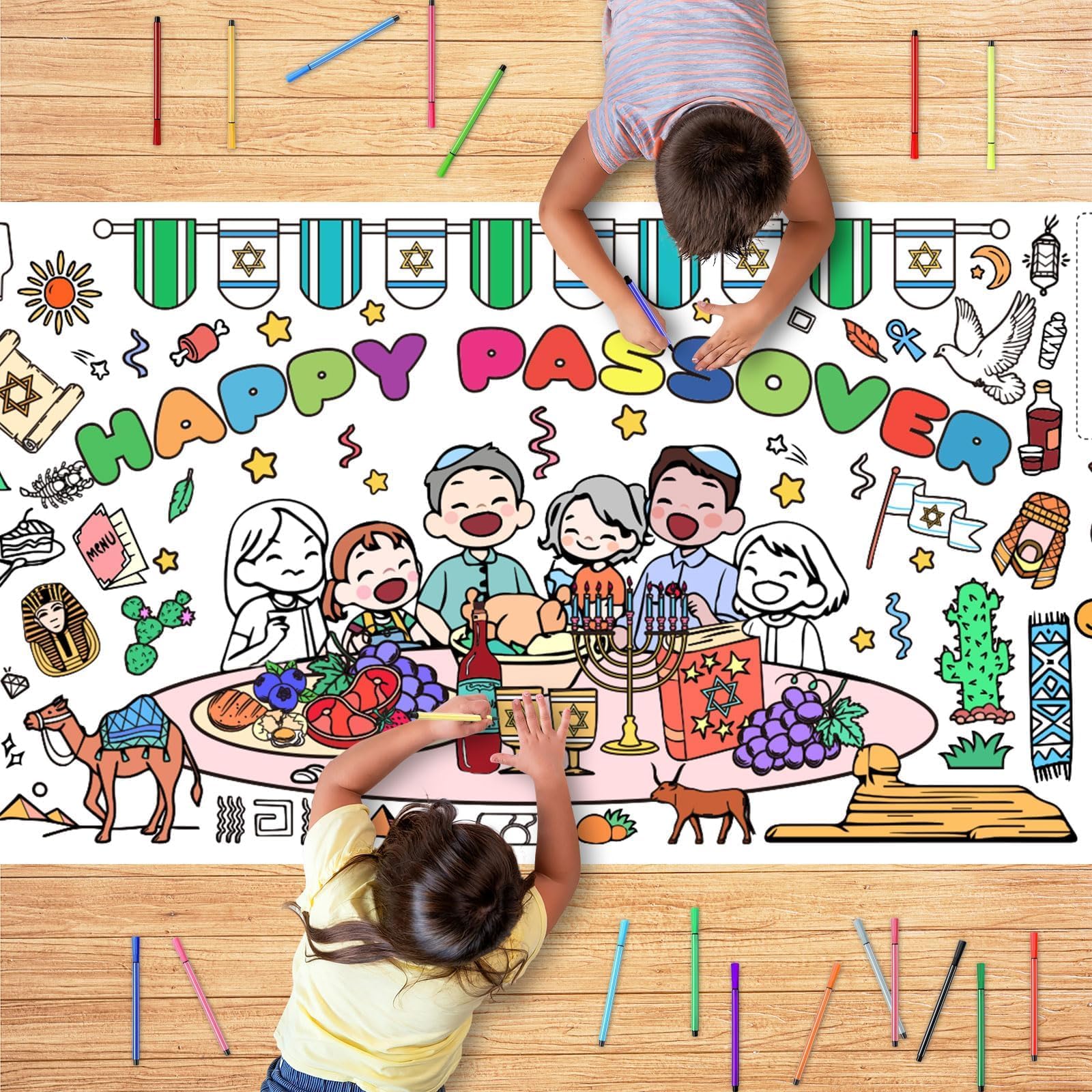 AUGSUN Passover Games Giant Passover Coloring Poster with 18 Pcs Paint Pens for Kids, 72 x 30 Inch Coloring Tablecloth Happy Passover Crafts for Adults School Family Party Favor Activities Decorations