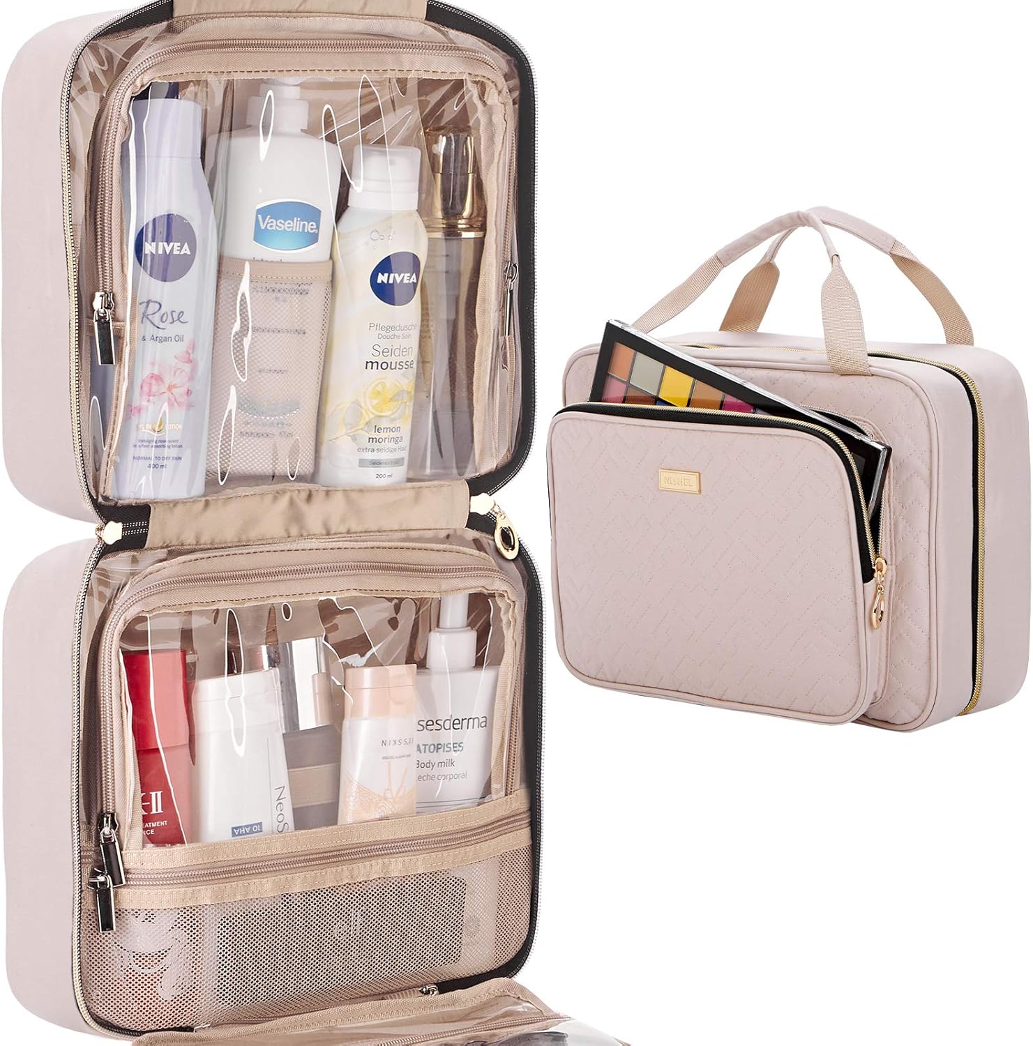 NISHEL 4 Sections Hanging Travel Toiletry Bag Organizer, Water Resistant Large Makeup Cosmetic Case for Bathroom Shower, Pink: Clothing