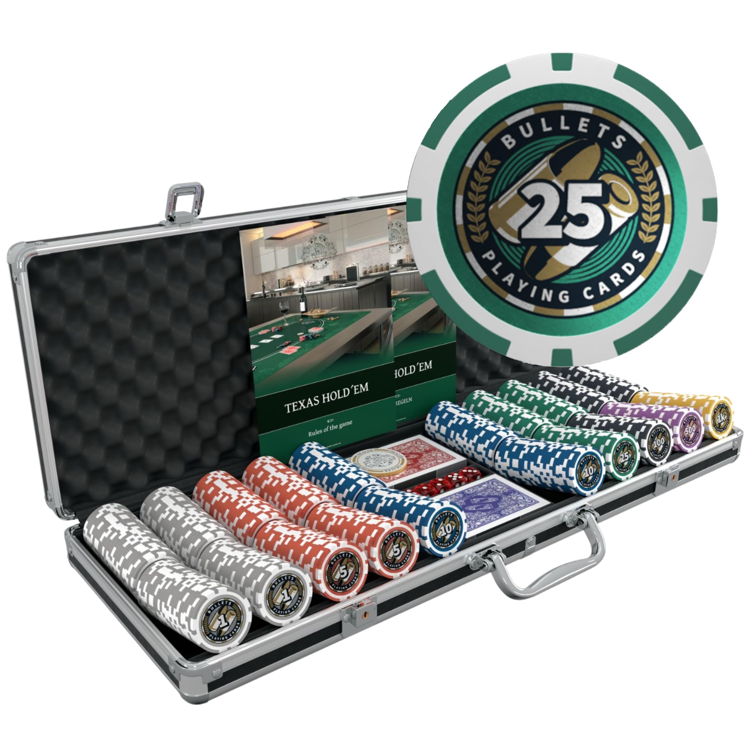 Bullets Playing Cards, Poker Set with 500 'Christopher' Plastic Chips, Professional Set for Texas Holdem Poker, Blackjack and other Casino Games, Five Dices, Playing Cards, Travel Case