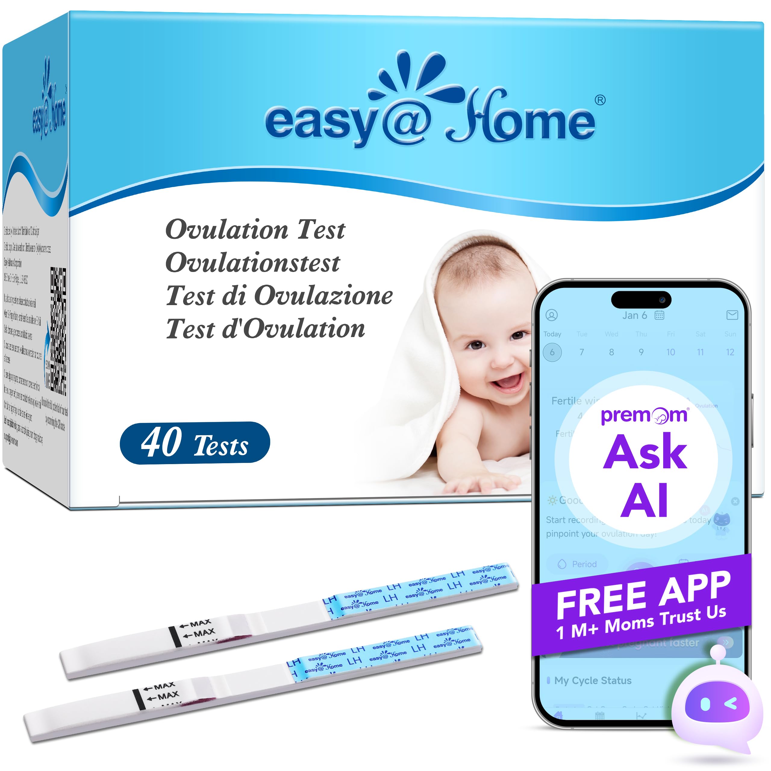 Easy@Home Ovulation Test Strips Fertility Test Kit, Powered by Premom Ovulation Predictor iOS and Android App (40LH)