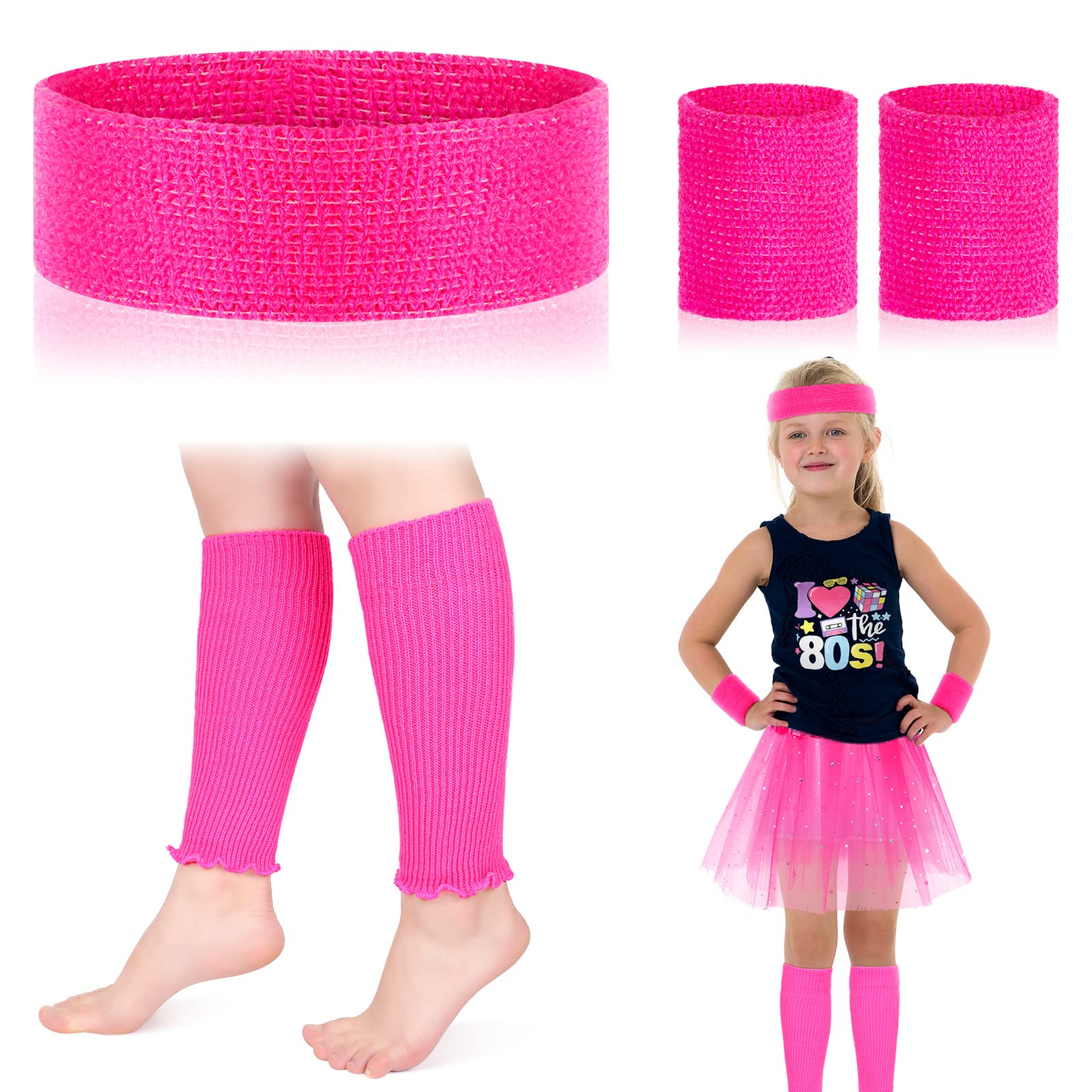 BBTO 80s Leg Warmer for Kid Toddler Girl Neon Leg Warmer Headband Wristband 1980s Fancy Accessory for Cosplay Party(Pink, Rose Red)