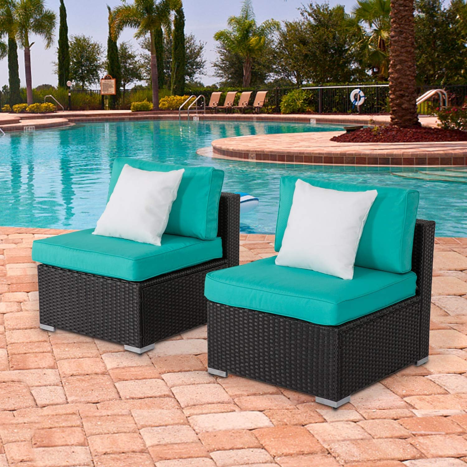 Amazon Com Kinbor Patio Loveseat Wicker Armless Chairs All Weather Black Pe Wicker Sofa Chair Additional Seats For Sectional Sofa With 2 Pillows Garden Outdoor