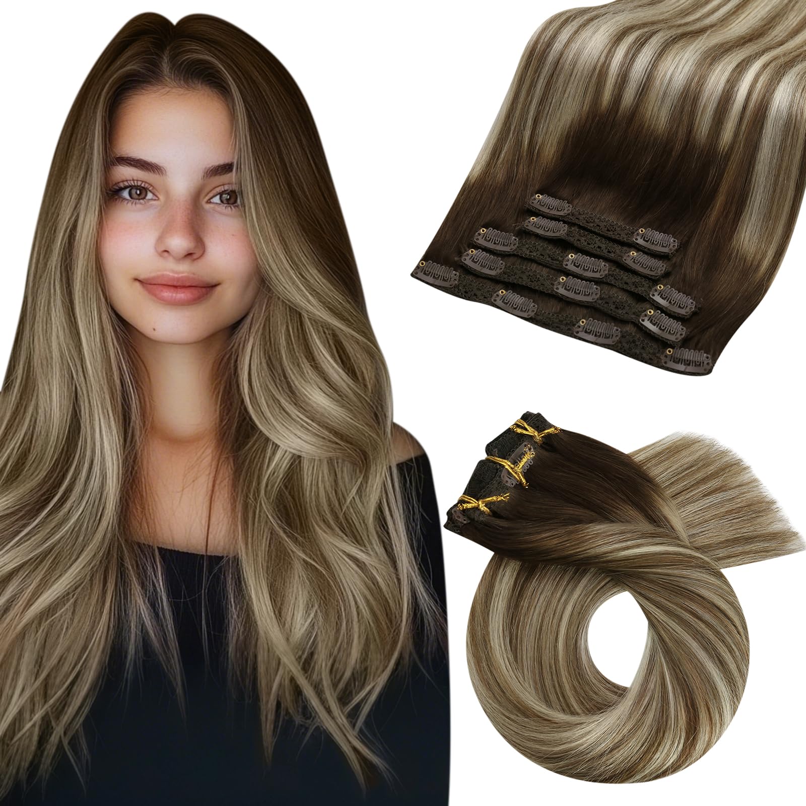 Moresoo Balayage Hair Extensions Clip in Human Hair Brown and Blonde Clip in Hair Extensions Real Human Hair 16 Inch Ombre Clip in Extensions 7 Pieces/120g #4/6/613 — image 1