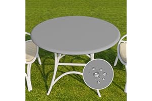 Romanstile Round Vinyl Tablecloth, 100% Waterproof Elastic Fitted Table Covers for 45"- 56" Tables, Wipeable Flannel Backed Plastic Table Cloths for Picnic, Camping, Outdoor - Light Grey