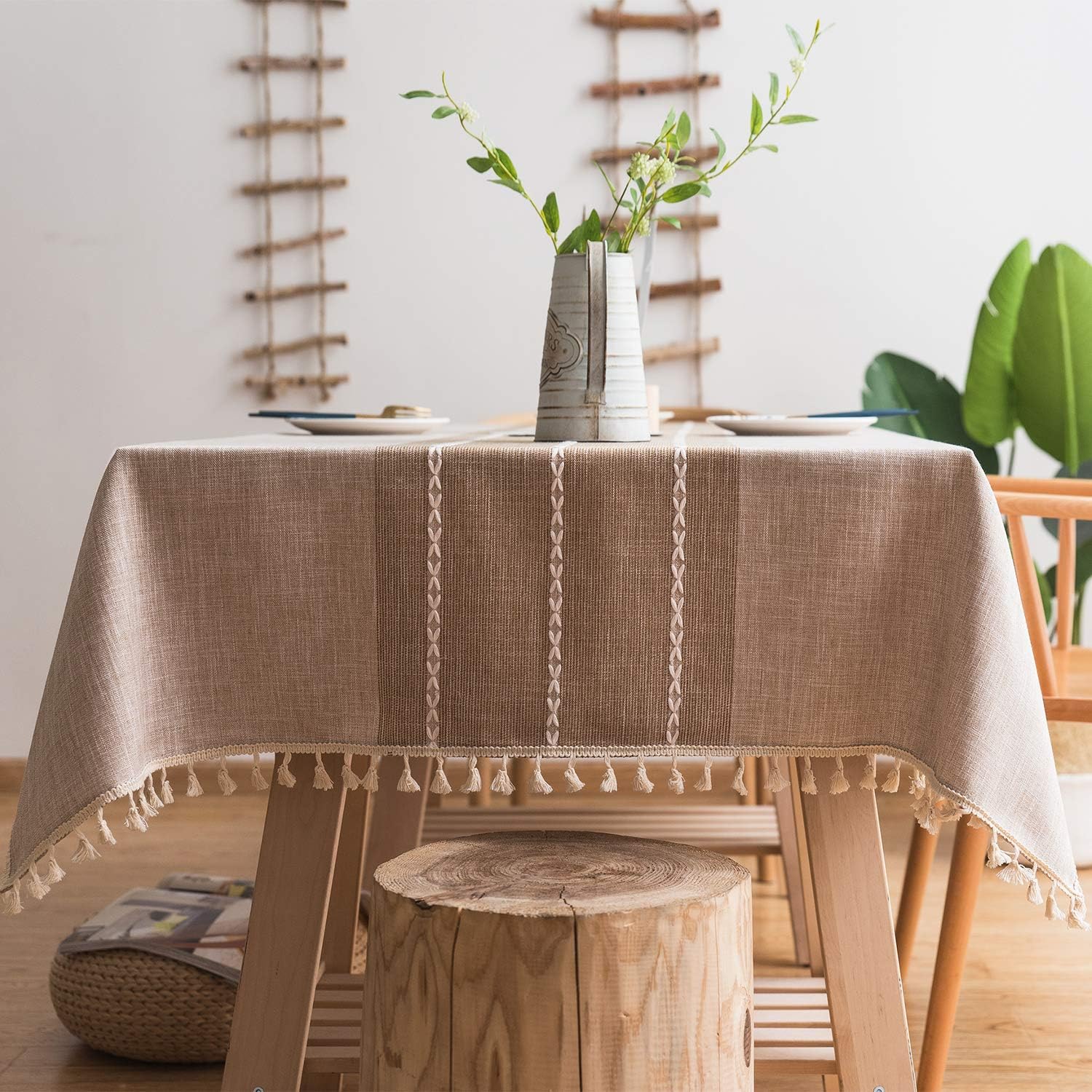 fiercewolf Linen Rectangle Tablecloth Tassel Small Table Cloth Heavy Weight Cotton Fabric Dust-Proof Table Cover Kitchen Dinning, Rectangle/Oblong, 39 x 55 Inch, Linen