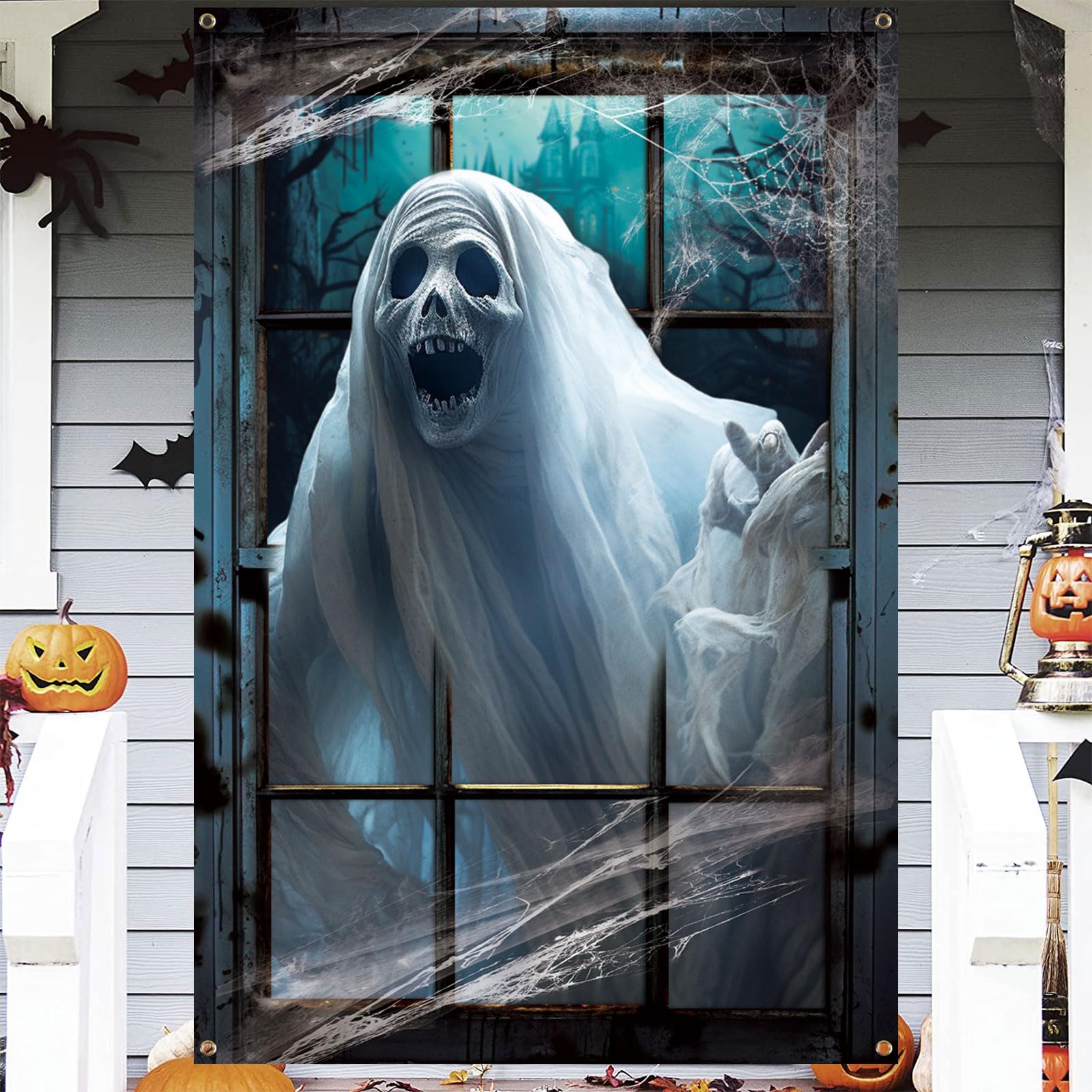 Photo 1 of CCINEE Halloween Window Cover, Large Spooky Window Clings White Cloth Ghost Haunted House Window Decor for Indoor Outdoor Door Wall Halloween Party Poster