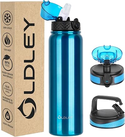 OLDLEY 1L Stainless Steel Water Bottle with 3 Lids Vacuum Insulated Blue