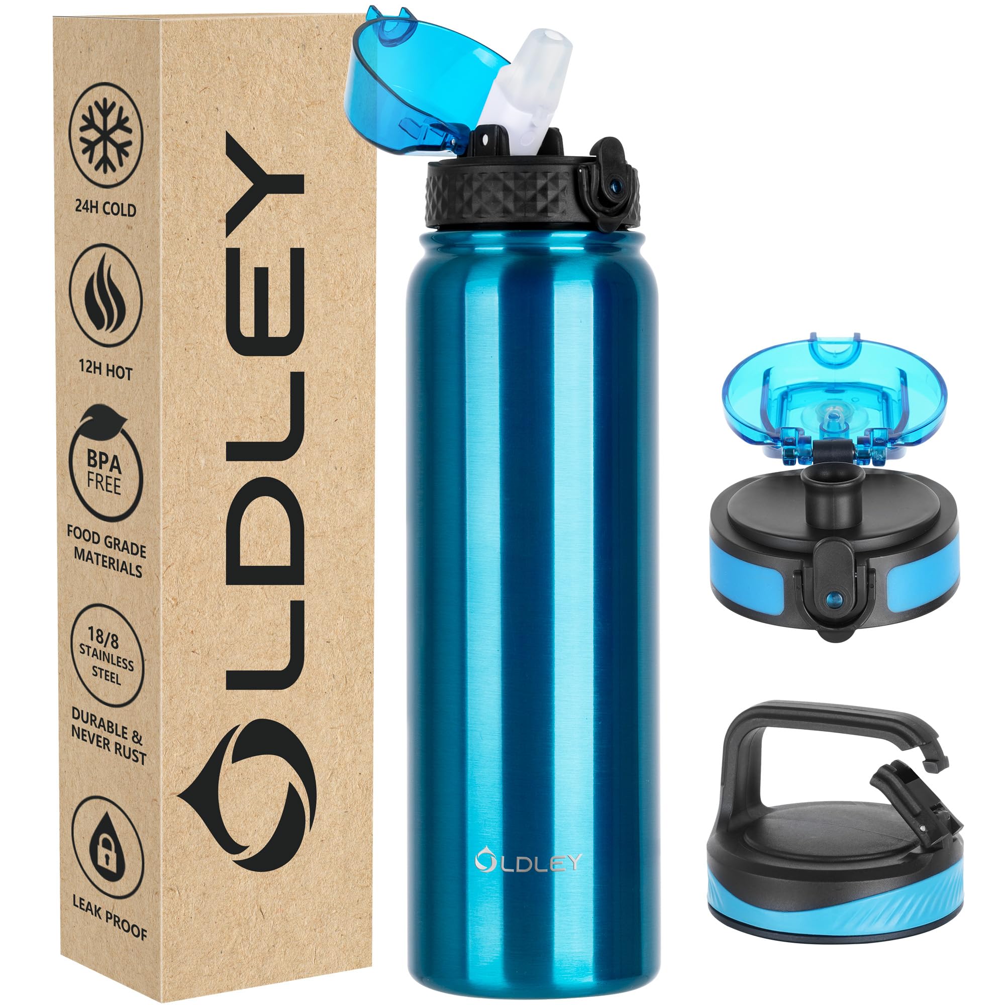 OLDLEY Stainless Steel Water Bottle with Straw 1L Vaccum Insulated Large Drink Flask Metal Water Bottles Leakproof Keep Drinks Hot Cold for Bike Sports Gym with Different Lids(Bright Blue, 3 Lids)