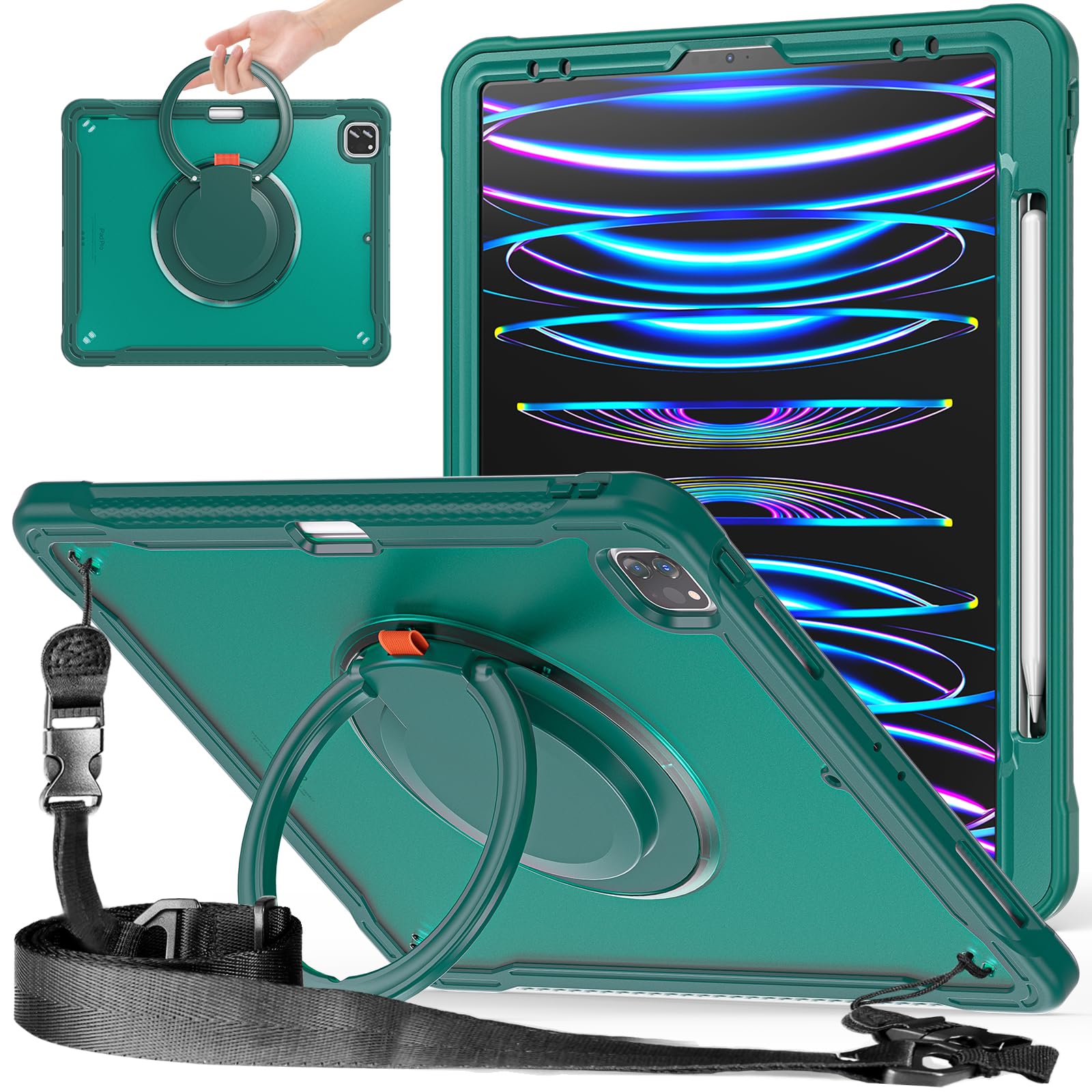 PboyiqiS for iPad Air 13 2026(M4)/2025(M3)/2024(M2)/Pro 12.9 Clear Case,360 Rotating Stand, Shoulder Strap, Built-in Stylus Holder, Full Body Shockproof Sturdy Cover (Dark Green)
