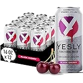 Yesly Functional Water, Black Cherry, Naturally Flavored Still Water with Electrolytes, Magnesium, Potassium, Vitamin C, B6 & B12, Zero Sugar, No Artificial Sweeteners, 16 Fl Oz Cans, 12 Pack