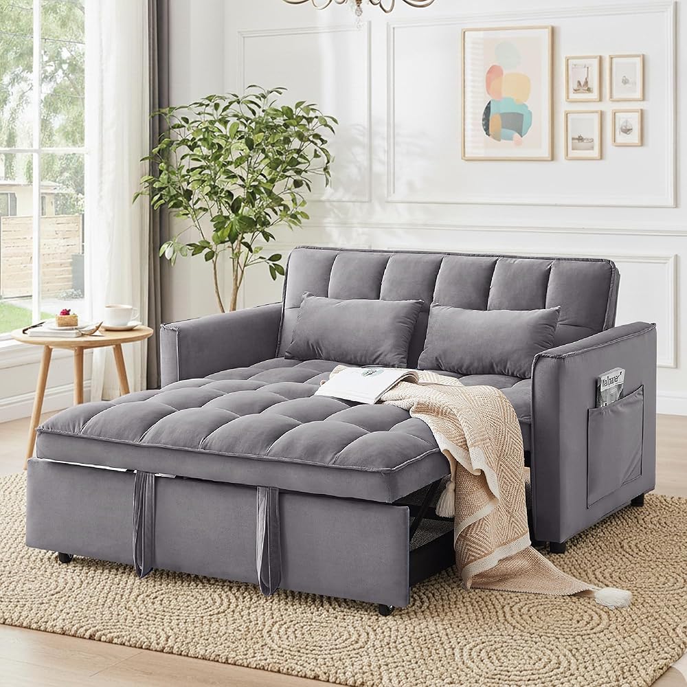 Yubefaso Sleeper Sofa Bed,55'' Convertible Pull Out Couch with Side Pockets,Velvet Fabric Loveseat Sleeper Sofa with Adjustab