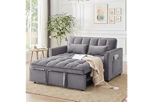 Yubefaso Sleeper Sofa Bed,55'' Convertible Pull Out Couch with Side Pockets,Velvet Fabric Loveseat Sleeper Sofa with Adjustab