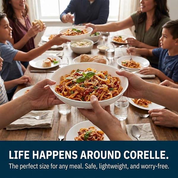 CORELLE 4-PC VERSA BOWLS FOR PASTA SALAD AND MORE, SERVICE FOR 4, DURABLE AND ECO-FRIENDLY 30-OZ, COMPACT STACK BOWL SET, MICROWAVE AND DISHWASHER SAFE, WHITE