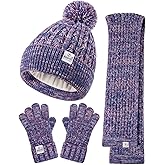 Kids Winter Hat Gloves Scarf Set,Girls Toddler Winter Hat Beanies with Pom Neck Warmer Gaiter Mittens Fleece Lined Set Christmas Gift for Kids（Purple Mix）