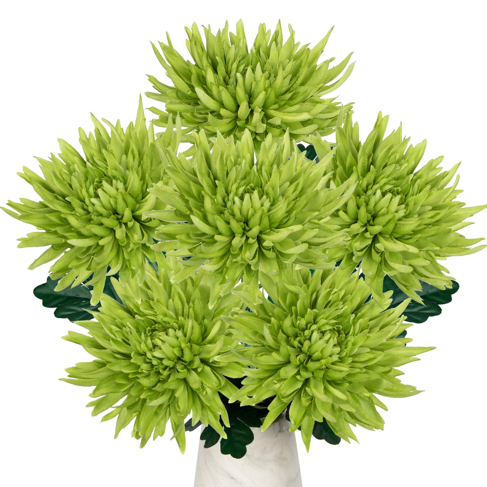 Photo 1 of Hollyone 6Pcs Green Artificial Mums Flowers Spring Chrysanthemum Flowers 25.6" Long Stem Faux Spider Mum Flower Large Floral Arrangements Bouquets Fake Pincushion Silk Flower Home Decor