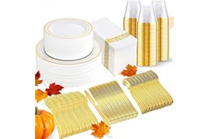 I00000 350Pcs Gold Dinnerware Set for 50 Guests, Gold Plastic Plates for Party, Include: 100 Disposable Plastic Plates, 50 Paper Napkins, 50 Cups, 50 Silverware Set Perfect for Party & Wedding