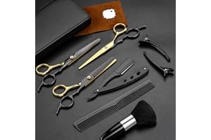 FETINAR Hair Scissors,11Pcs Professional Black Gold Hair Cutting,Stainless Steel Barber Supplies,Straight, Thinning Shears, Multi Use Haircut Sets for Home Salon Barber