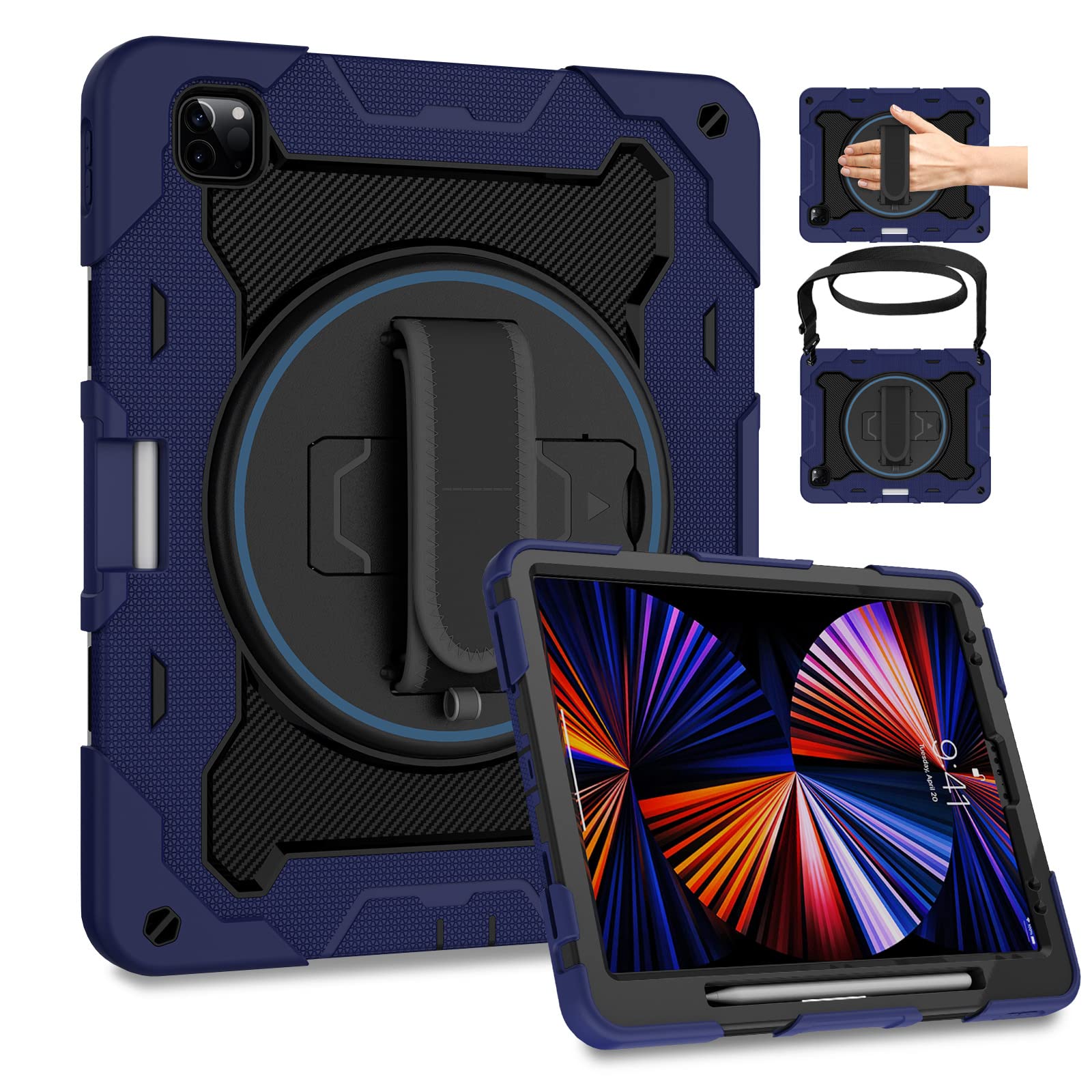 ROSROME for iPad Pro 12.9 Case 6th/5th/4th/3rd Generation with Screen Protector for Kids,Heavy Duty Shockproof Cover for iPad Pro Case 12.9 Inch with 360 Kickstand Hand Strap Pencil Holder, Navy Blue