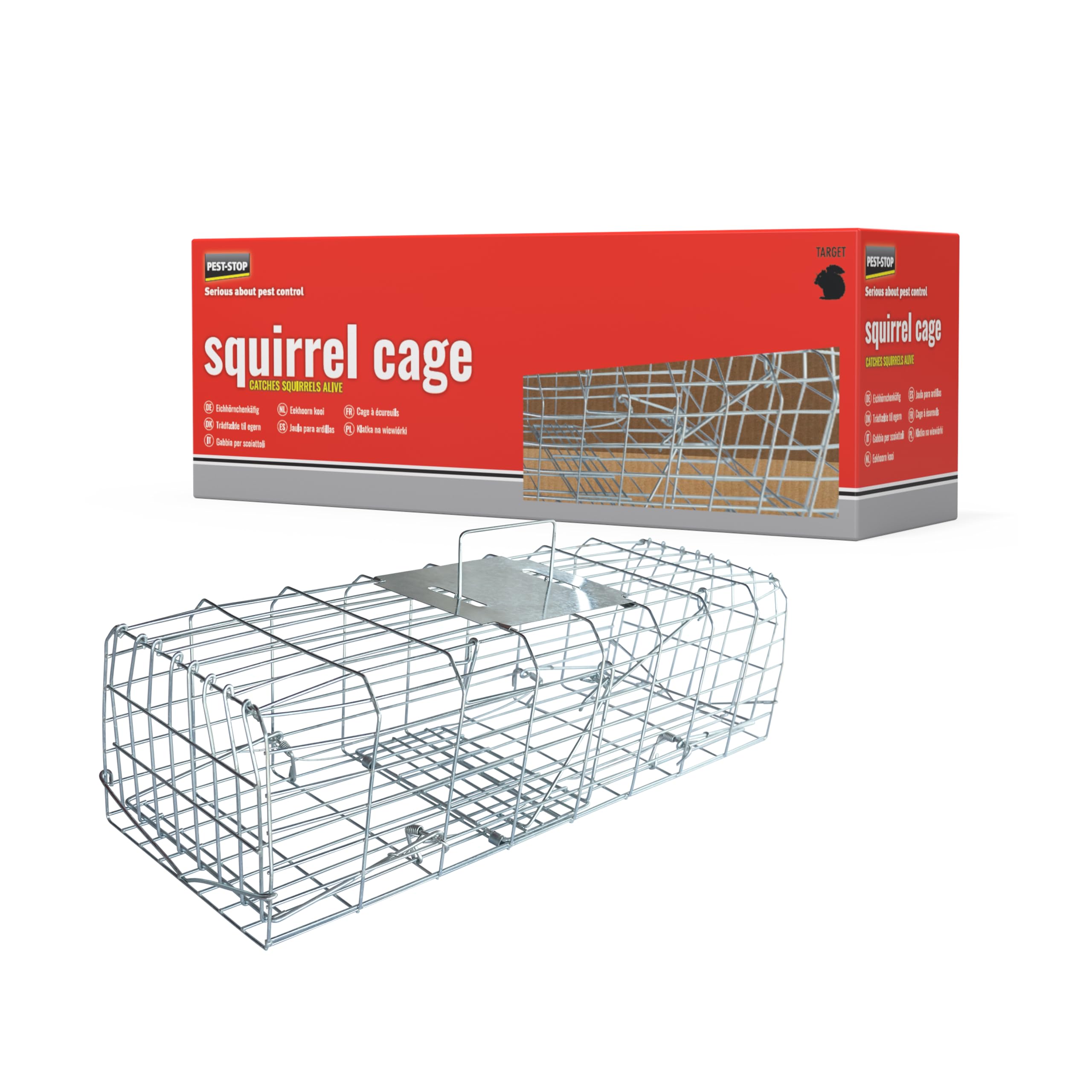 Pest-Stop Squirrel Cage – Live Animal Trap for Squirrels and Similar-Size Pests – Reusable Galvanised Steel Cage – Humane Catch and Release Trap – Spring-Loaded Single Door – 1 Pack