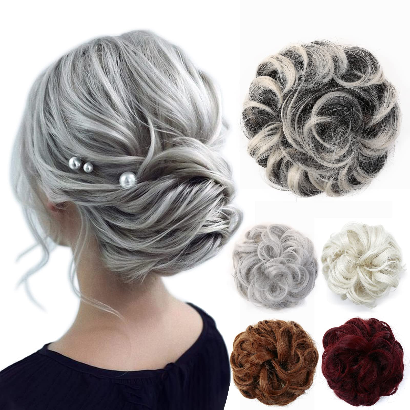 JJstar Messy Hair Bun Curly Wavy Hair Scrunchies Accessories Pieces for Women Girls Synthetic Chignons (Gray & White Tips) — image 1