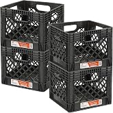 Juggernaut Storage Heavy Duty Milk Crates, 4 Handles, 16 Qt, Black, 4-Pack | Stackable HDPE Construction, Holds Up to 50 lbs, Vented Cross-Hatch Design, 13 x 13 x 11 In, for Office, Classroom &amp; Home