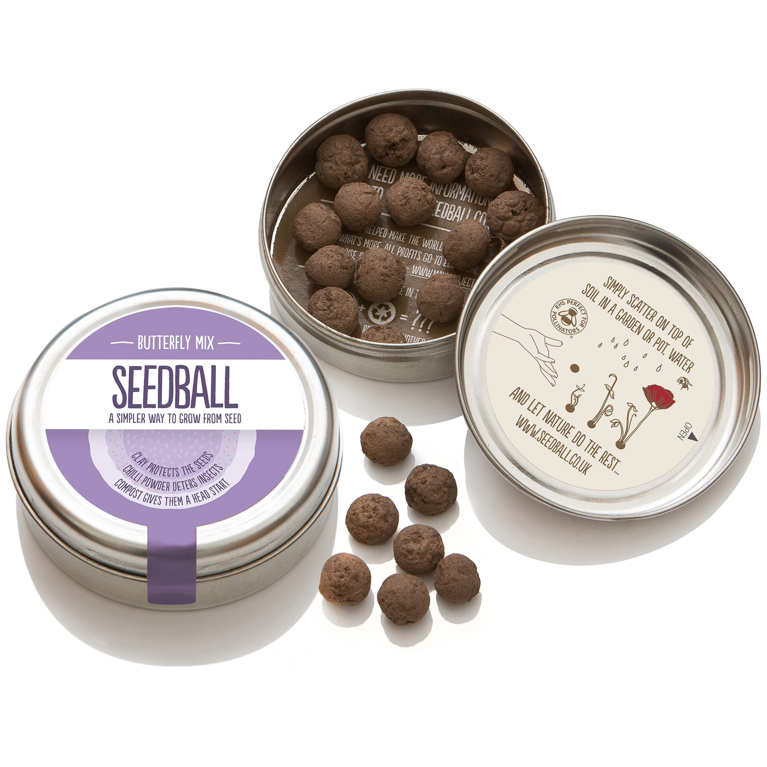 SEEDBALL Butterfly Mix Seed Bombs (Wild Flower Tin) - 20 Seed Balls Per Pack | Eco Friendly British Wildflower Seeds | Clay Protected Seed Bomb for Butterflies – A Mix of Purple, Pink & Blue Flowers