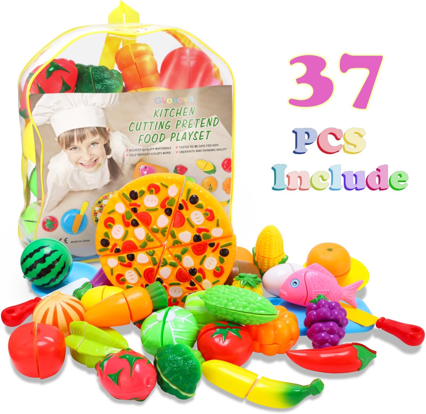 Glonova Play Food Cutting for Toddlers Kids, 37 Pcs Kitchen Toys Cutting Vegetables Fruits with Pizza Play Food Set Pretend Cutting Food Playset with Carry Bag for Children Girls Boys