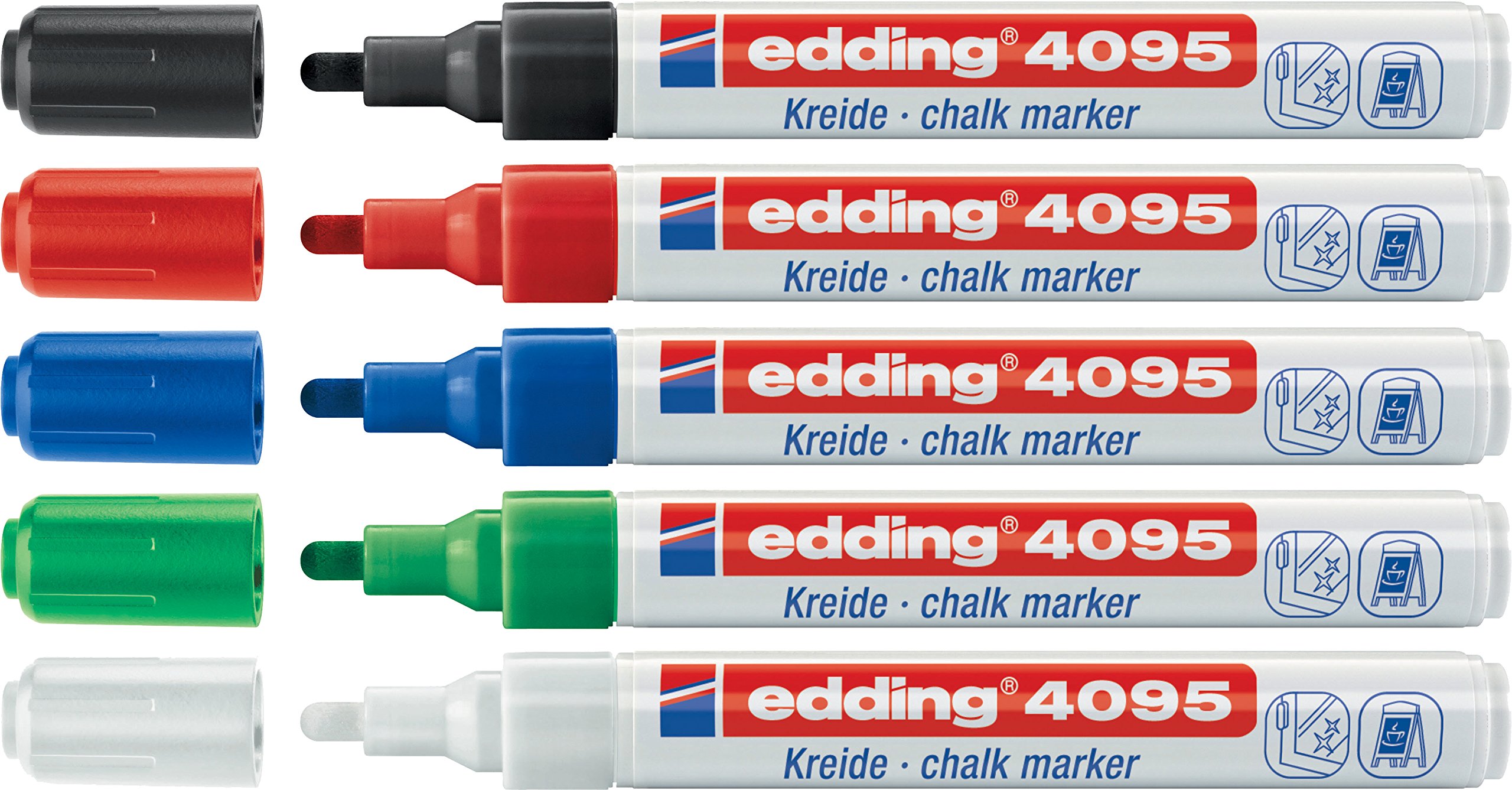Edding Set of 5 Window Markers and Chalk 2-3mm Black Blue Red Green White 4095