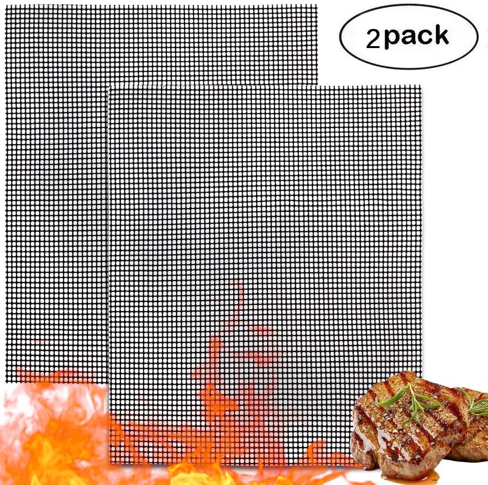 BBQ Grill Mesh Mat- Non-Stick Cooking Mats for Grilled Vegetables/Fish/Fajitas/Shrimp, Grilling Sheet Liner, Reusable Grill Accessories - Use on Gas, Charcoal, Electric Barbecue (set of 2, black)