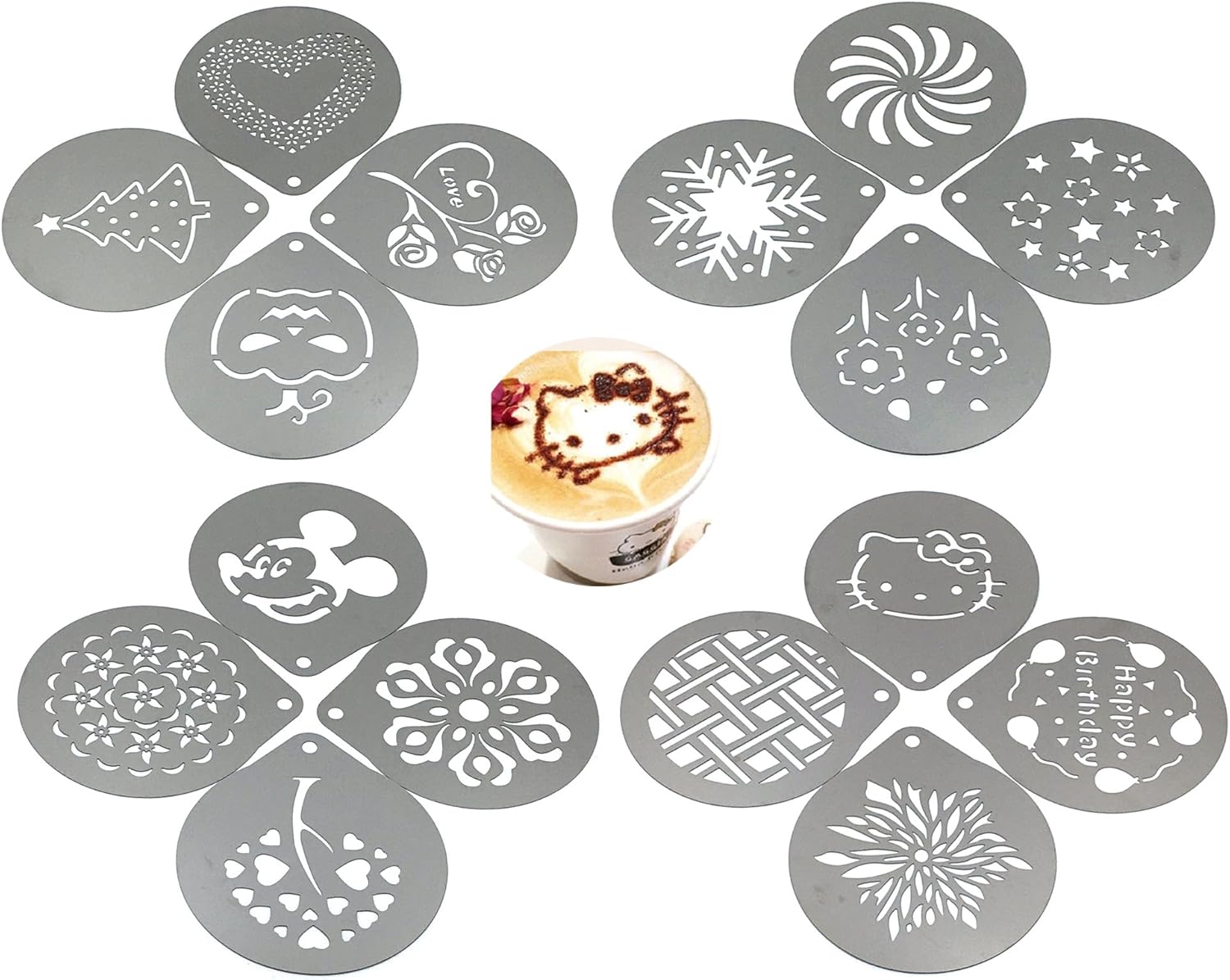 Lofekea 16 Stück Edelstahl Cappuccino Schablone Kaffee Schablone Deko Latte Kakaostreuer Dekostreuer Schablone