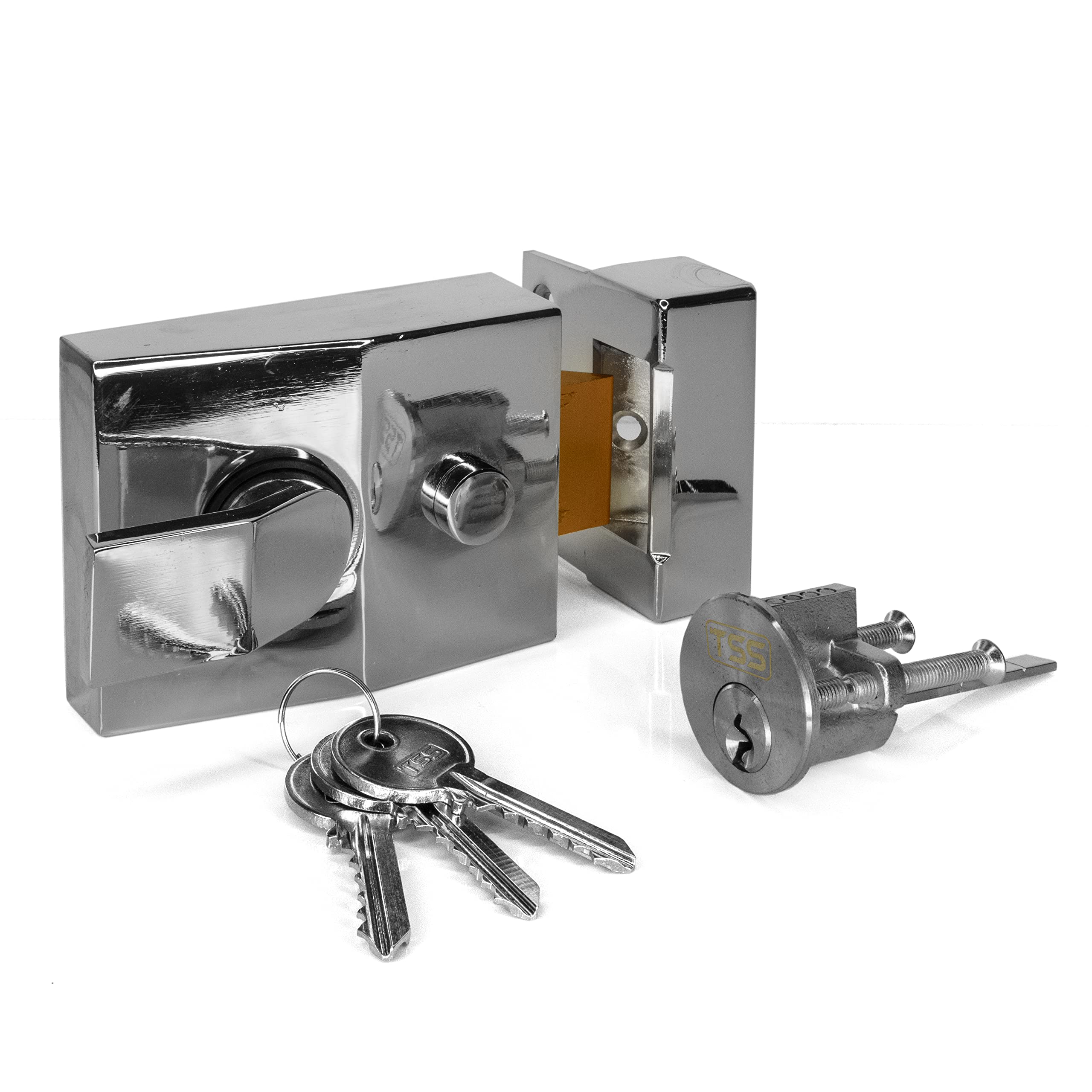 UK Security Supplies Standard Deadlocking Nightlatch, 60mm Backset, Polished Chrome Finish, Complete with Rim Cylinder Lock Supplied with 3 Keys. External Door Lock for Front Door and Back Door.