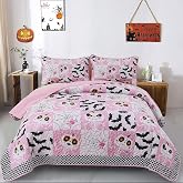 Menghomeus Halloween Quilt Full/Queen Size, 3Pcs Pink Patchwork Bedspread | Cartoon Skull Bat Festival Themed Soft Lightweight Bedding Set for Girls Decorative Quilted Set Gift with 2 Shams, 96"x90"