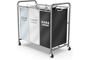 ROMOON Laundry Sorter 3 Section, Separated Laundry Basket with Wheels, Rolling Laundry Hamper Cart with Large Capacity and Removable Bags, Divided Clothes Hamper for Family Laundry, Multicolor