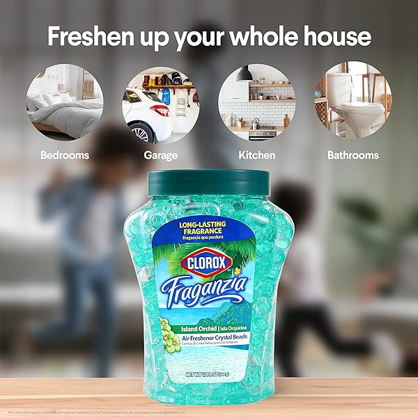 CLOROX FRAGANZIA CRYSTAL BEADS AIR FRESHENER, LONG LASTING ROOM DEODORIZER AND ODOR ELIMINATOR GEL BEADS TO FRESHEN HOME, CAR, OR OFFICE, ISLAND ORCHID SCENT, 12 FL OZ