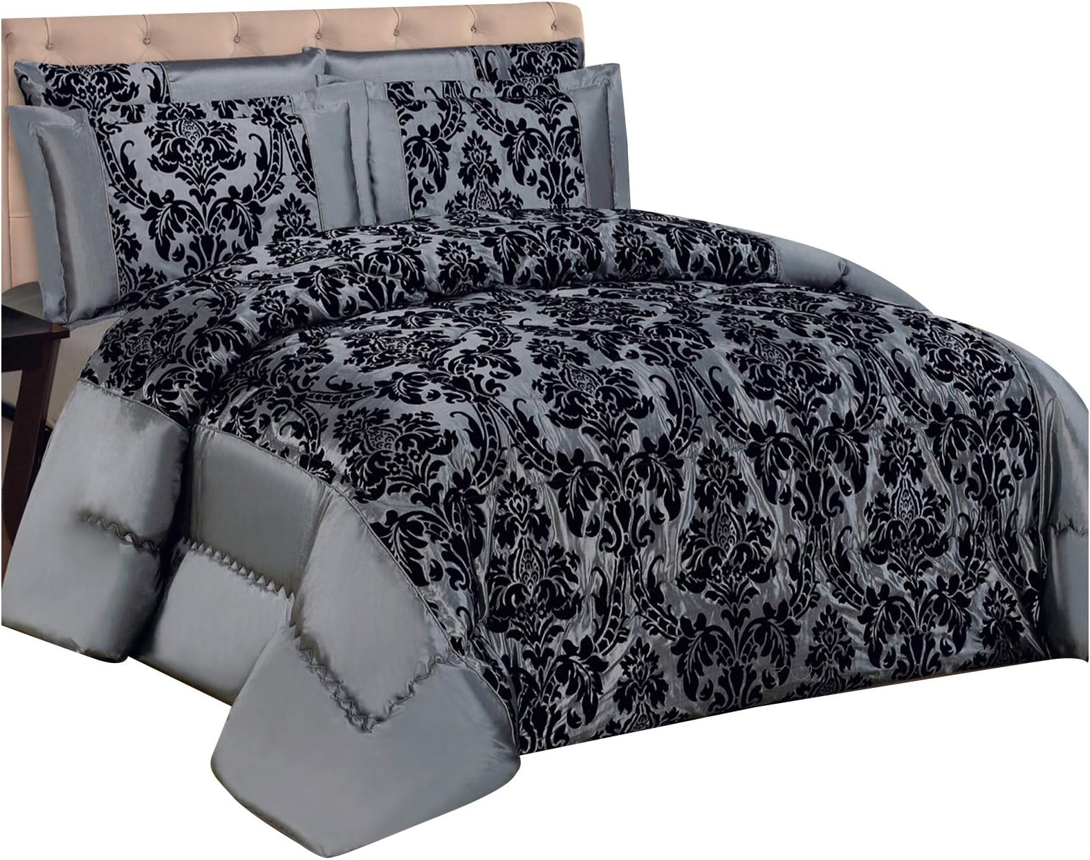 Neve Noelene New Kelly Damask Super Soft 3pc Flock Quilted Bedspread Comforter Bed - Silver Grey Black (King (240cm X 260cm))