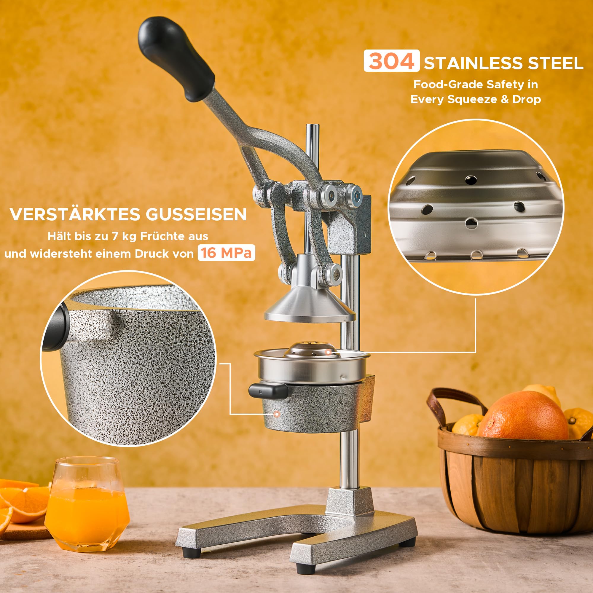 CO-Z Professionelle Zitruspresse in handelsüblicher Qualität, Handpresse, manuelle Fruchtpresse, Metallsaftpresse, robuste Saftpresse, Zitrusfrüchte, Orange, Granatapfel 4