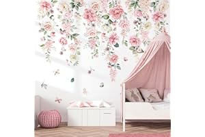 wondever Large Pink Floral Wall Decals Hanging Flower Vine Leaves Peel and Stick Wall Art Stickers for Baby Nursery Girls Bed