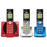 VTech CS6919-3A 3-Handset Cordless Phone, Red/Blue/Silver | Caller ID/Call Waiting, Illuminated Keypad, Full Duplex Speakerphone, Wall Mount
