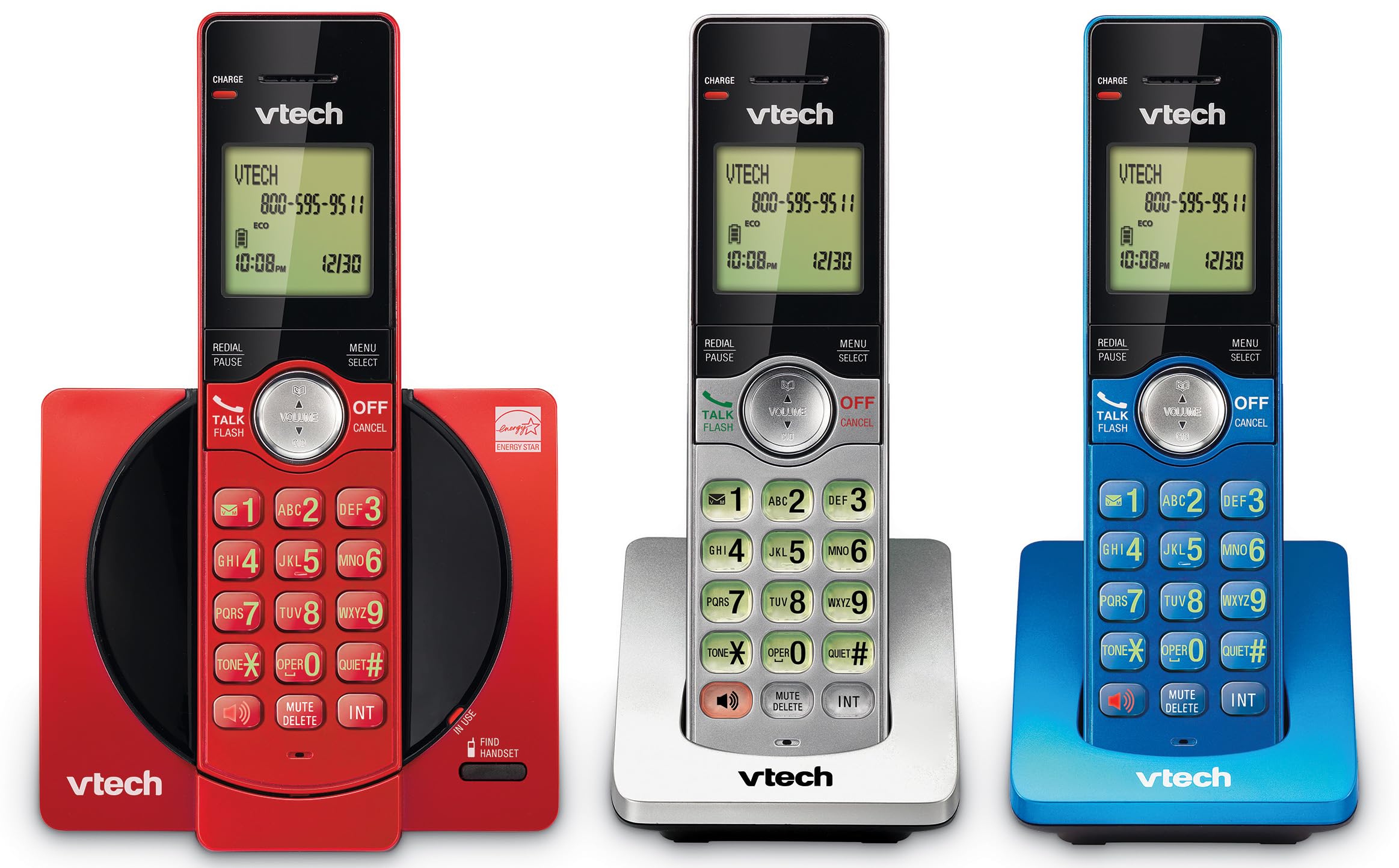 Photo 1 of VTech 3-Handset Cordless Phone for Home with Caller ID/Call Waiting, Landline Phones, Illuminated Keypad, Full Duplex Speakerphone, ECO & Quiet Mode, Wall Mount | CS6919-3A (Red/Blue/Grey)