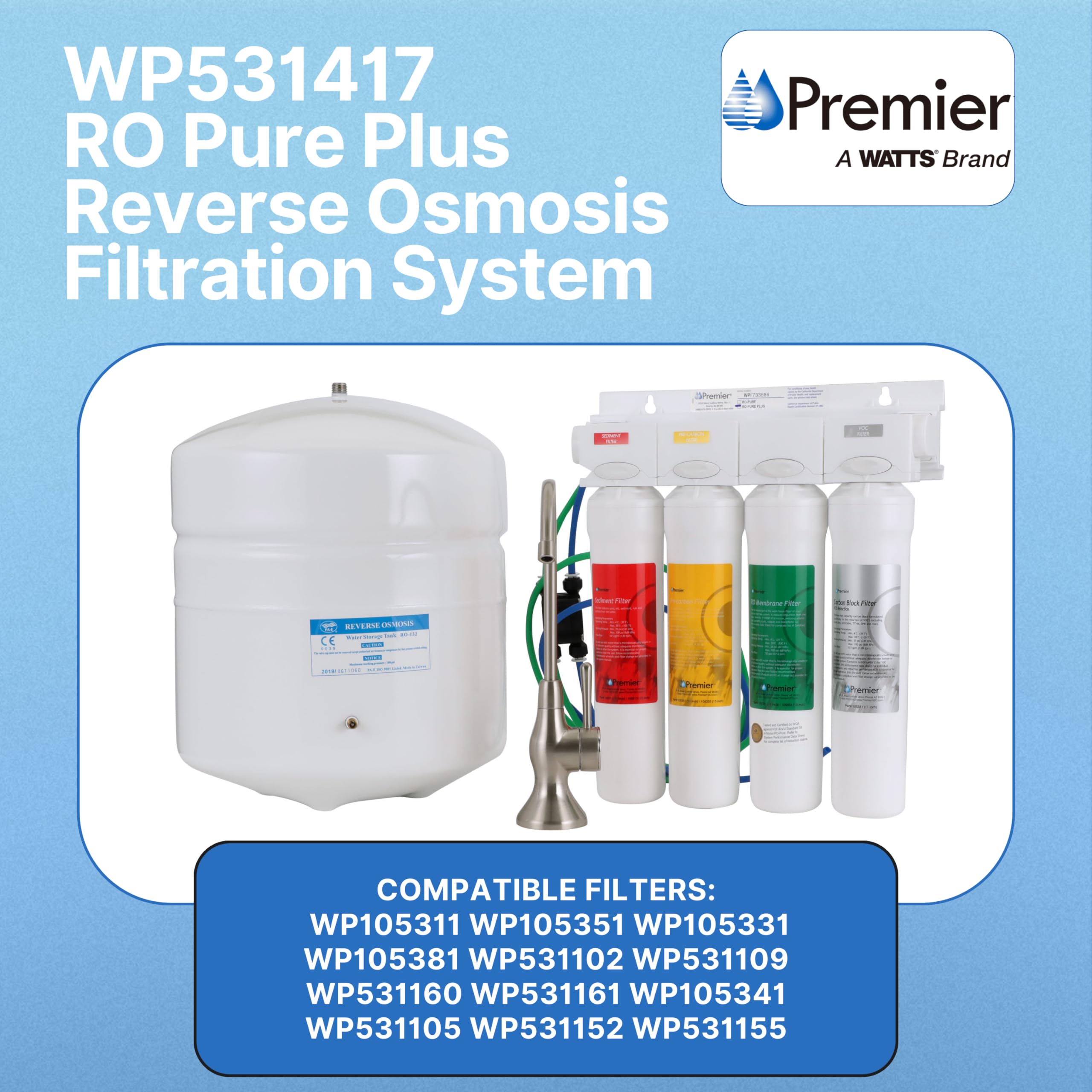 Watts Premier RO Pure Plus VOC 4 Stage Reverse Osmosis System Module with Built-In Check Valve Shutoff, Four Easy Push Button Filters, Sediment Filter, Carbon Block Filter, VOC Filter, Membrane