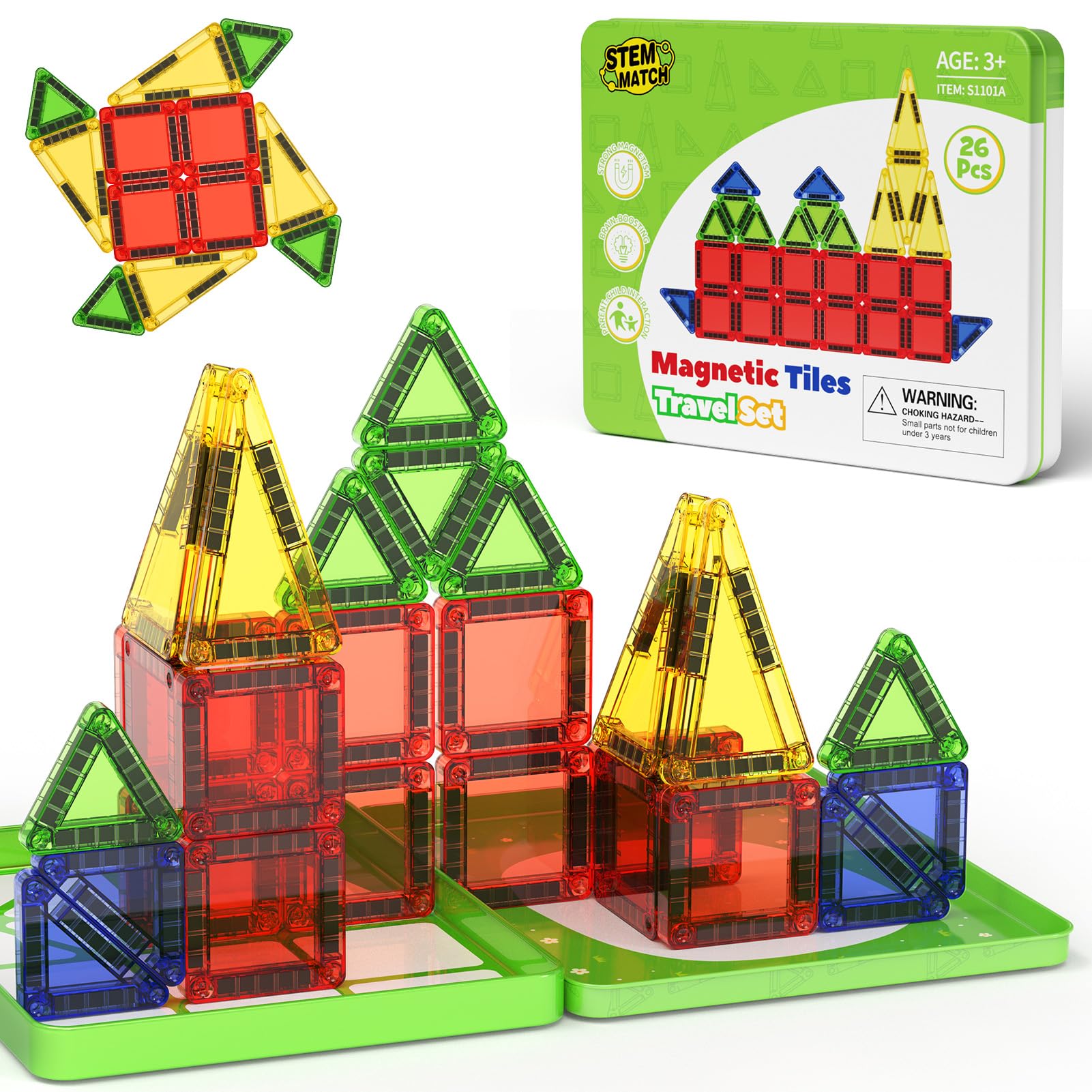 MINI Magnetic Tiles Travel Set 26pc Portable Mini Magnetic Building Blocks STEM Montessori Toy with Iron Carry Case Gift for Kids 3+ Years On-the-Go Creative Construction Toy β image 1