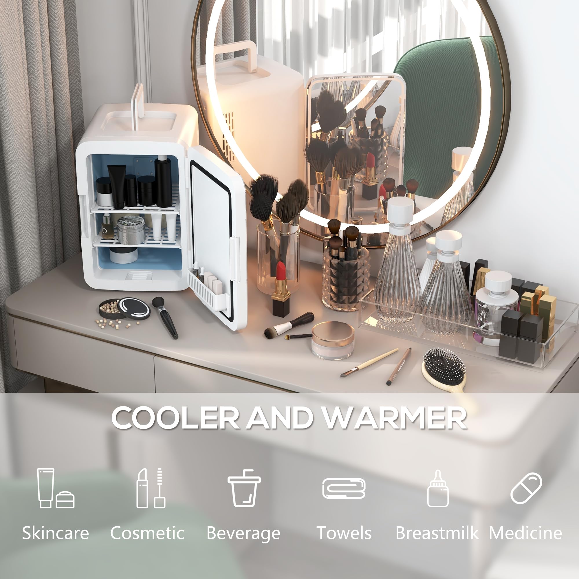 HOMCOM Mini Fridge for Bedroom or Car with Dimmable LED Mirror (10L/8 Can), Cooler and Warmer, Portable Skincare Fridge, AC/DC Powered Small Refrigerator for Skincare, Beverage, Food, Cosmetics, White
