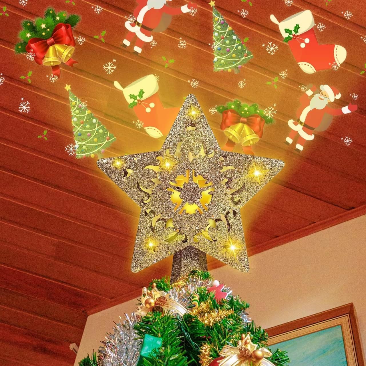 RNSSEZ Christmas Star Tree Topper, Glitter Sparkling Lighted Tree Toppers with 3D Rotating Colorful Projectors for Home Holiday Party Xmas Tree Decorations (Golden Star Tree Toppers) — image 1